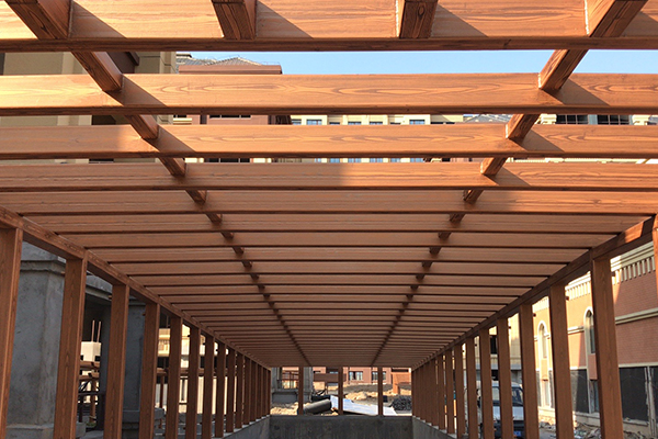 江蘇省泗陽(yáng)縣賽納公館北門車庫(kù)廊架木紋漆施工項(xiàng)目